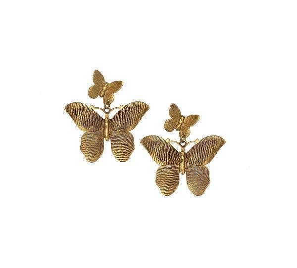 A pair of 22K antique gold plated butterfly earrings on a white background