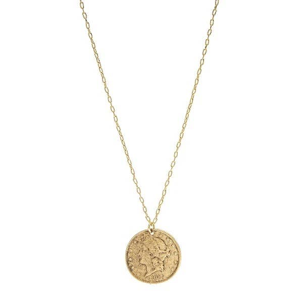 A vintage-inspired gold-colored Roman coin necklace on a chain.