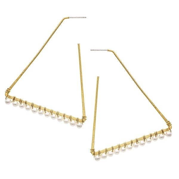 A pair of gold-colored, wire earrings with pearl accents, designed in a geometric shape, displayed against a white background