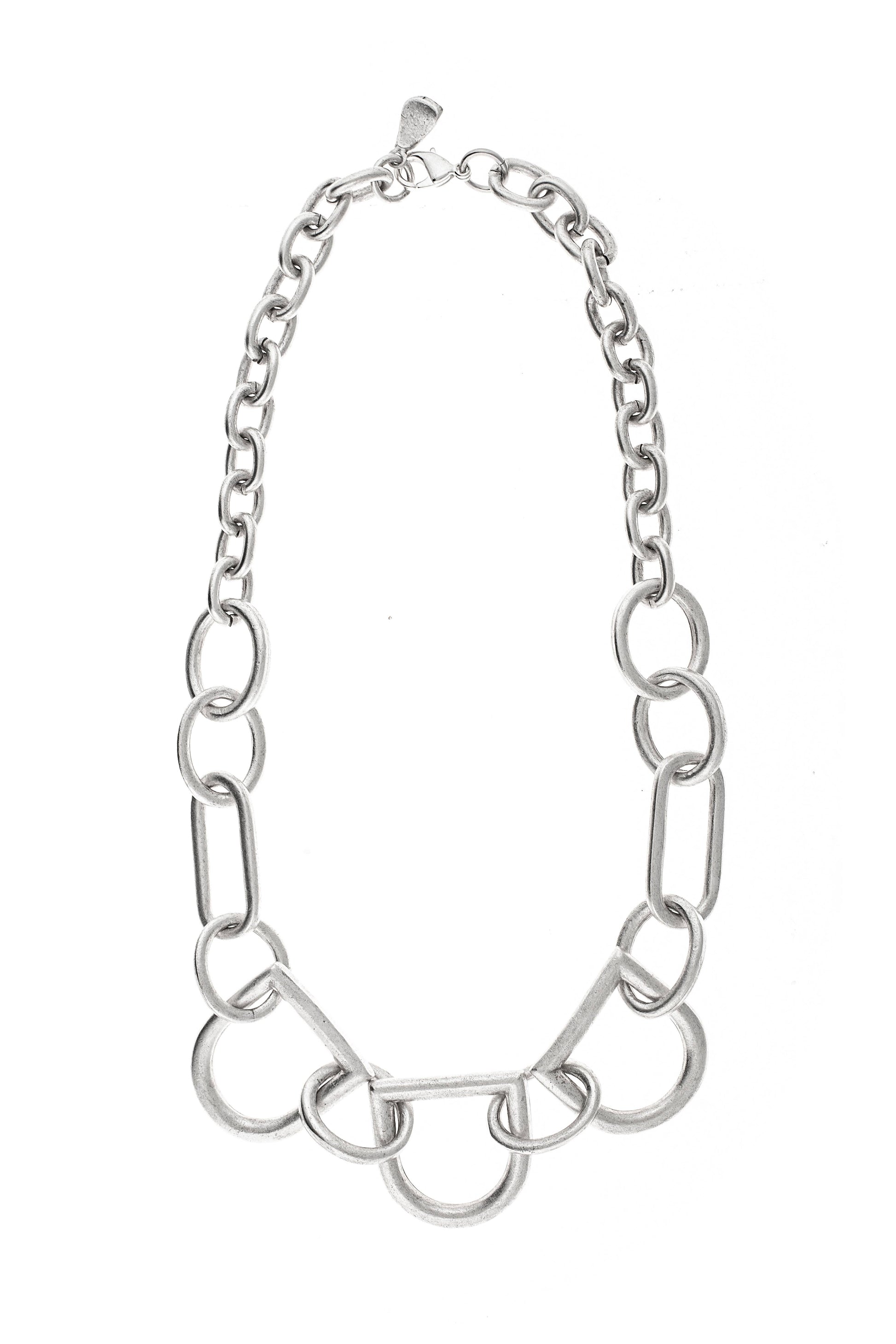 A silver-plated interlocked D-shaped necklace on a white background.
