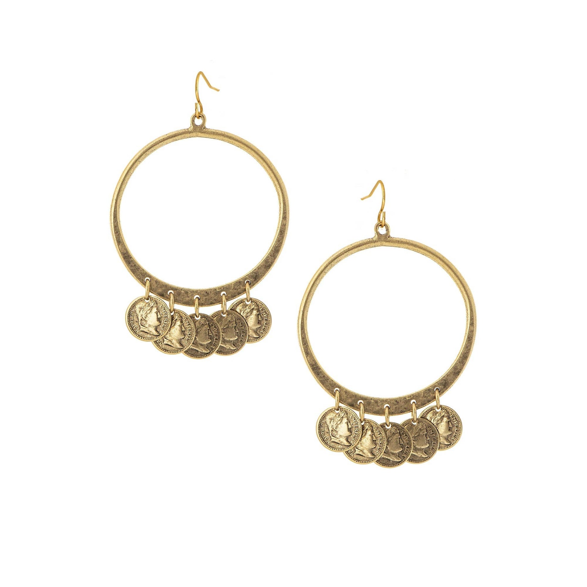 A pair of gold-colored hoop earrings with dangling vintage-inspired Roman coins, displayed against a white background.