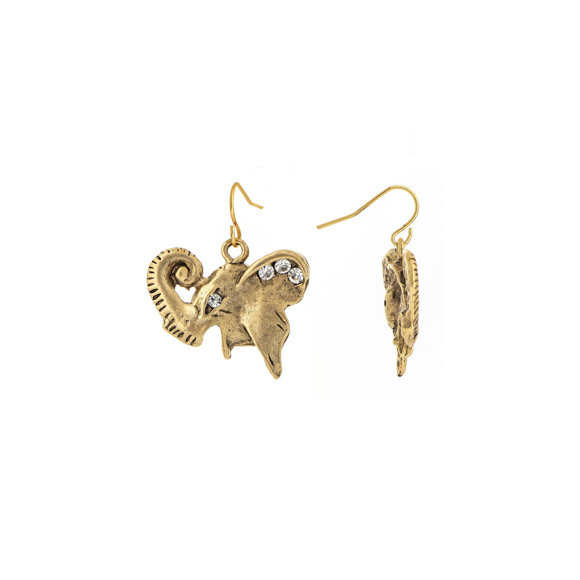 A pair of gold-colored elephant-shaped earrings with crystal embellishments on a white background.