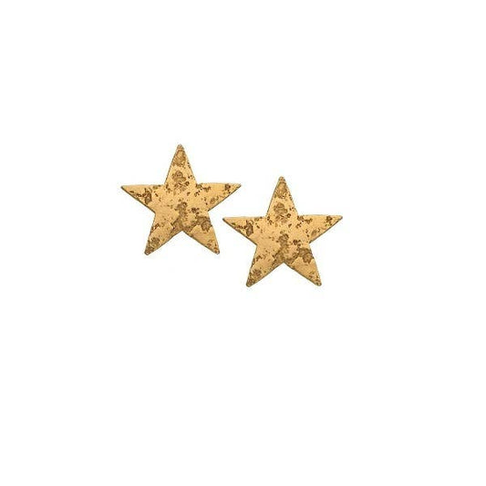 A pair of gold-colored star stud earrings against a white background.