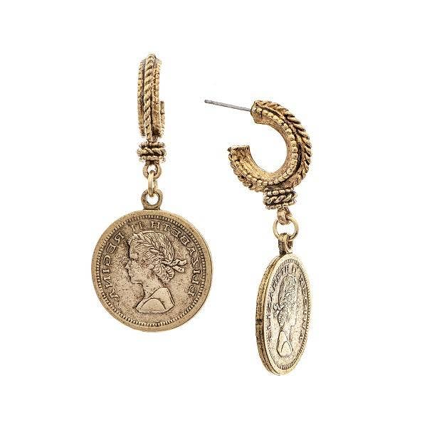 A pair of gold-colored drop earrings featuring an etched arched top and a coin design, attached to a twisted rope pattern stem.