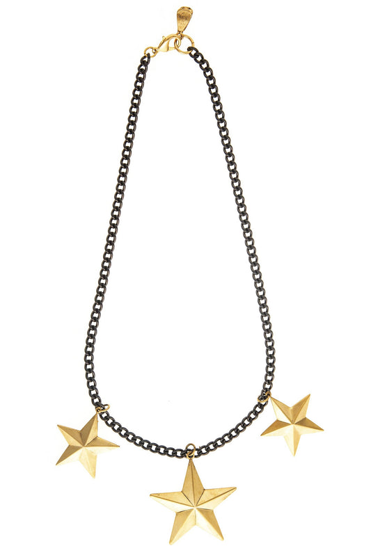 A necklace featuring three gold-plated star pendants on a gunmetal chain.
