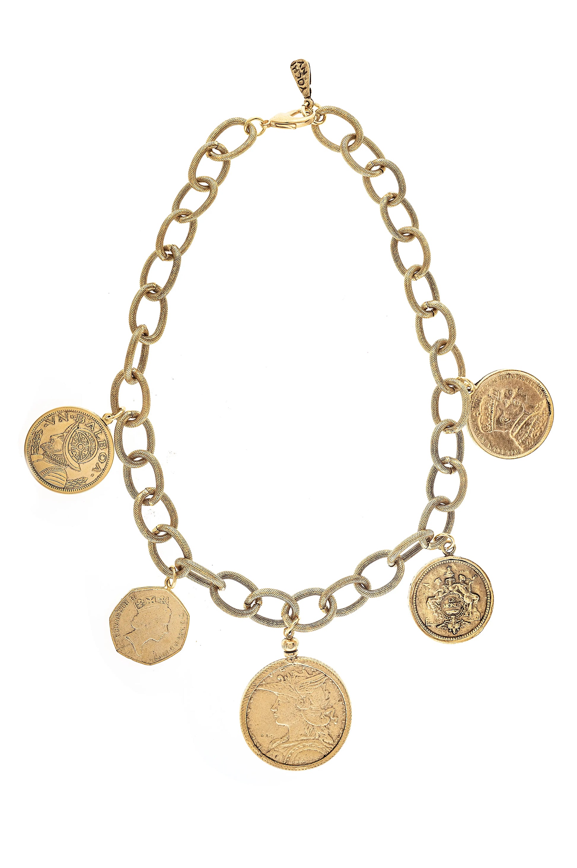 A 22K gold plated brass necklace with multiple coins attached to it, displayed against a white background.