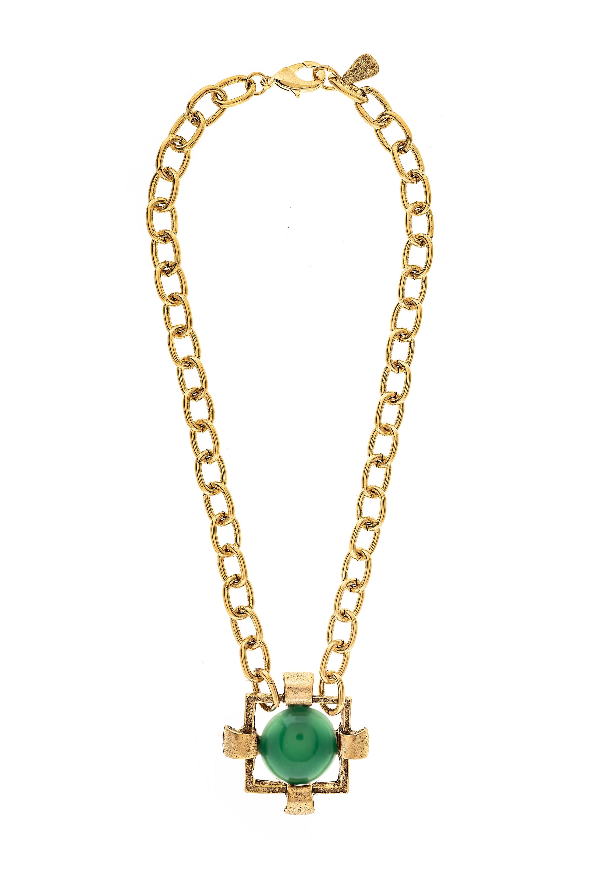 A gold-plated necklace with a square-shaped pendant at the center, attached to a gold chain.