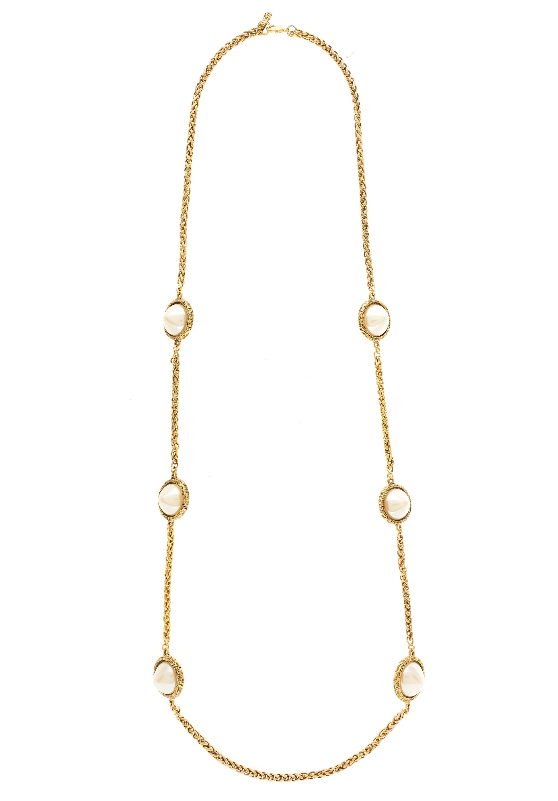 A gold-plated necklace with circular pendants, displayed against a white background.