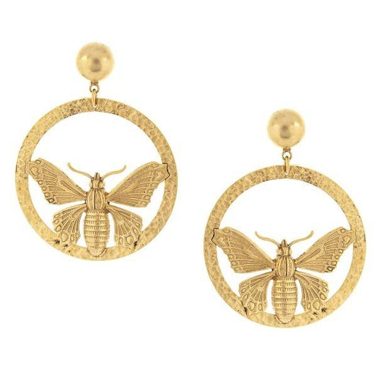 A pair of gold-colored hoop earrings with butterfly details, crafted in a hammered texture, displayed against a white background.