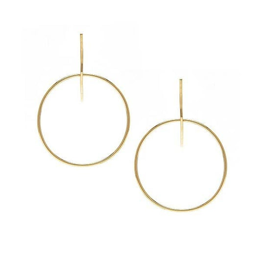 A pair of gold-colored hoop earrings with metal acetate centers, displayed against a white background.