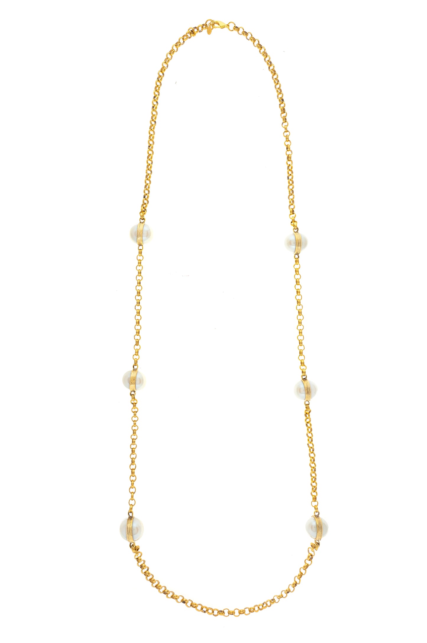 A gold-plated brass necklace with pearls, displayed against a plain background