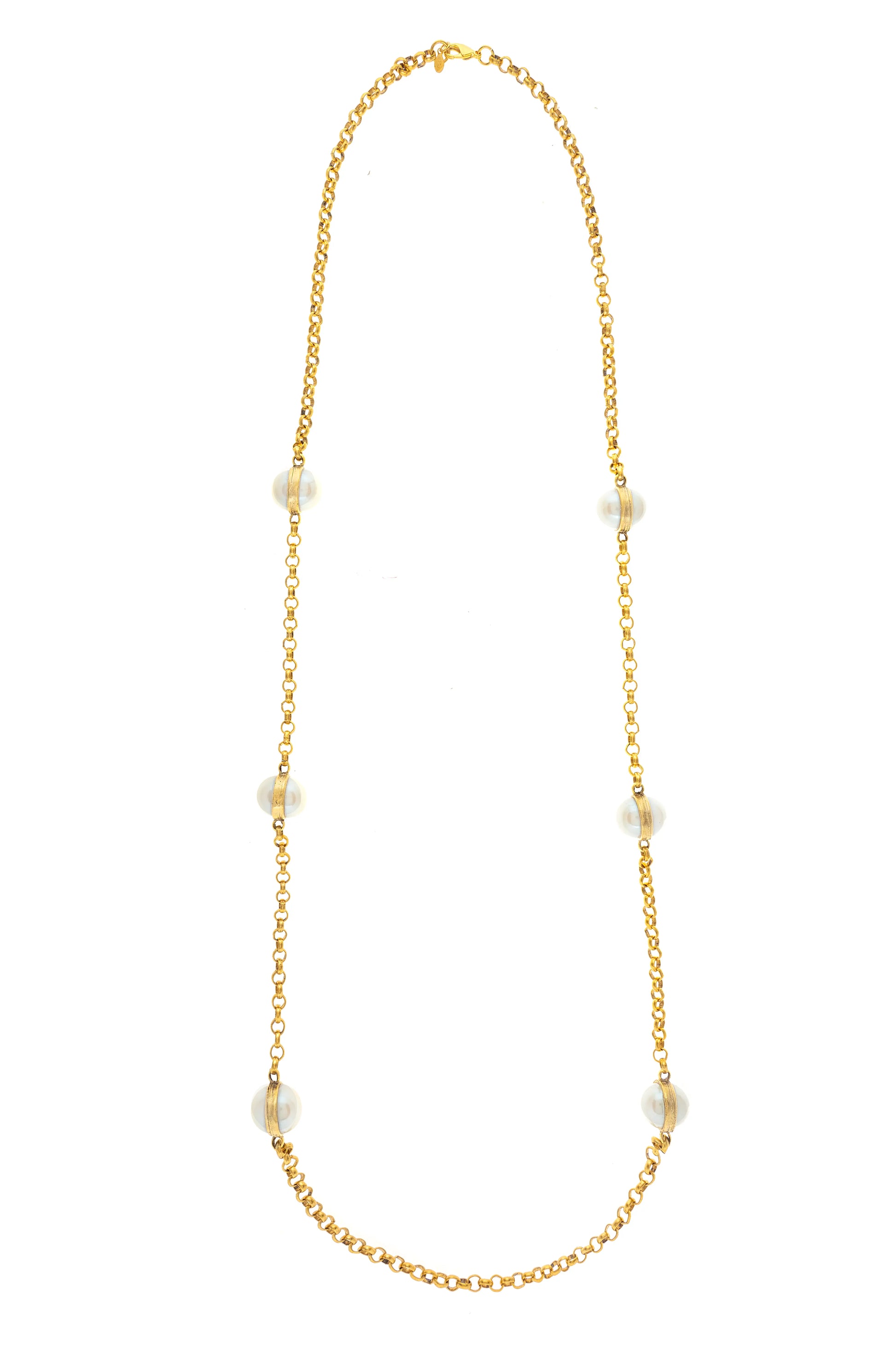 A gold-plated brass necklace with pearls, displayed against a plain background
