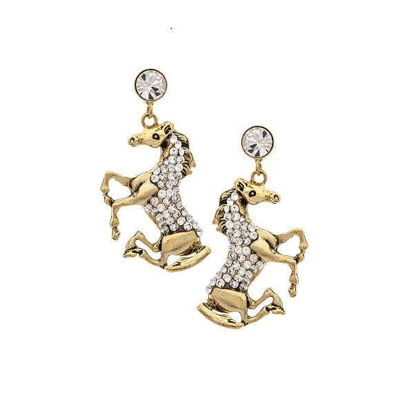 A pair of gold-colored horse stud earrings with Swarovski crystals