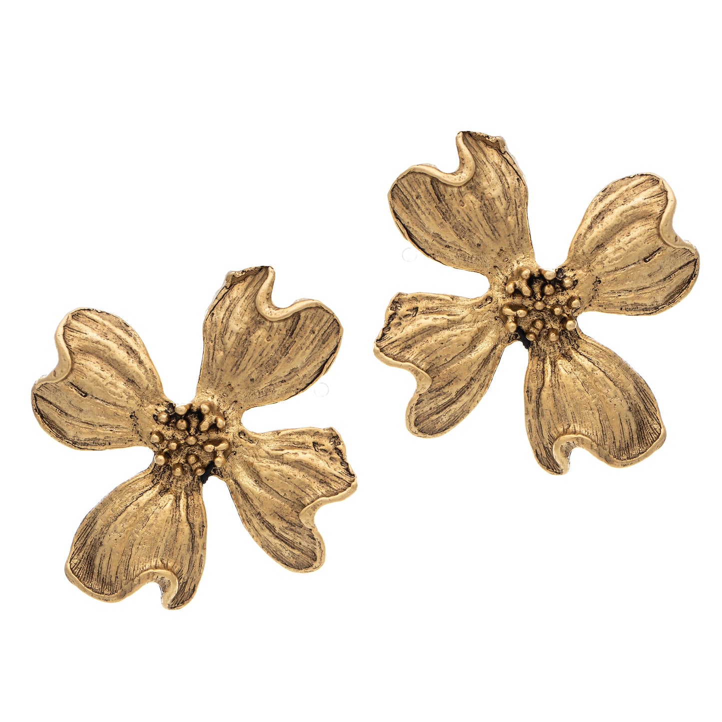 Pair of gold flower-shaped earrings on a white background
