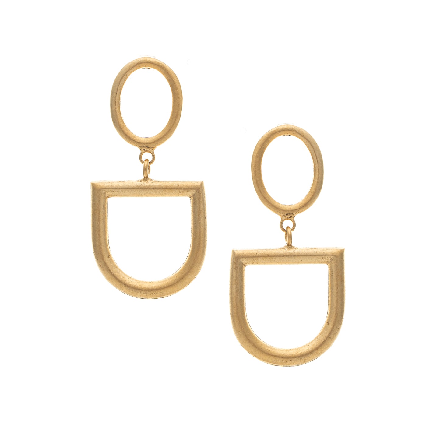 Gold earrings with a geometric design on a white background