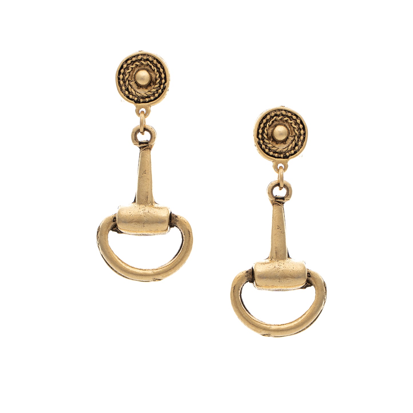 Pair of gold earrings with circular designs on a white background