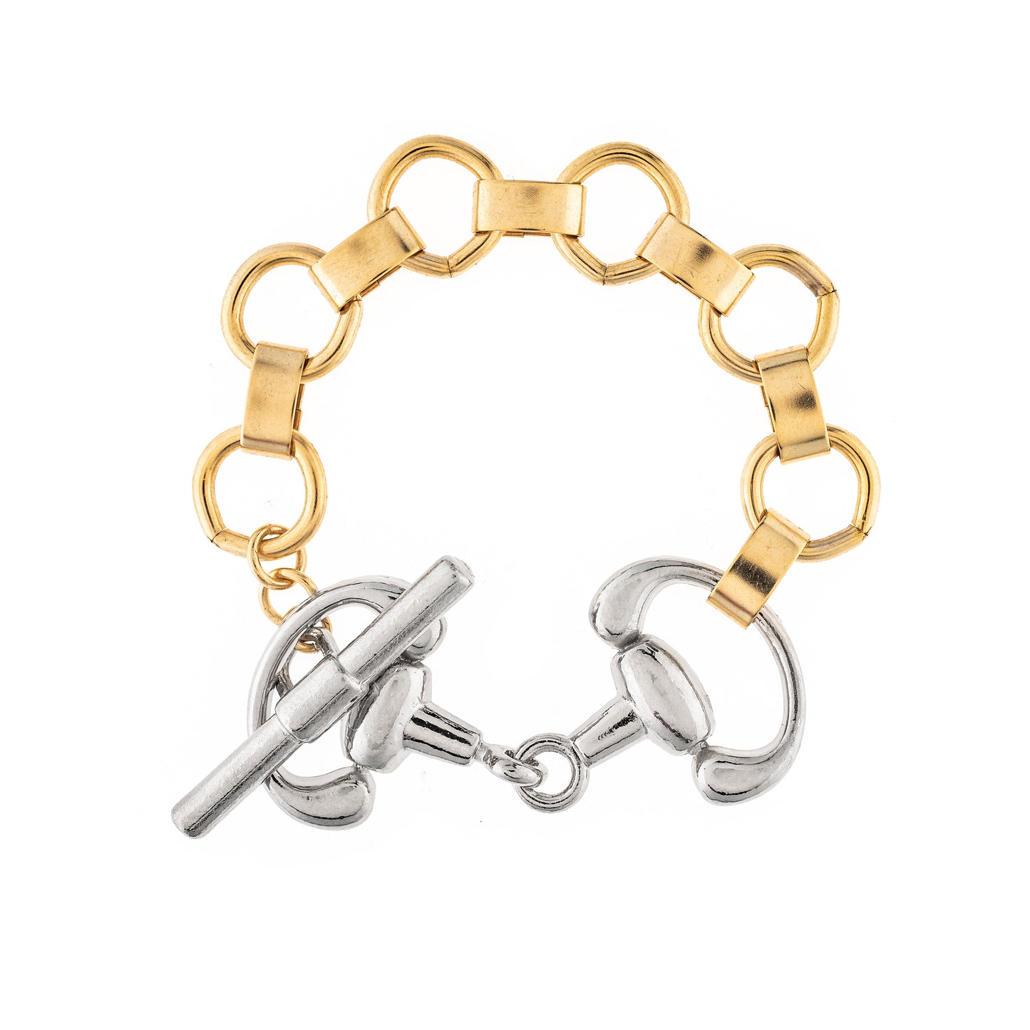 Gold and silver bracelet with toggle clasp on a white background