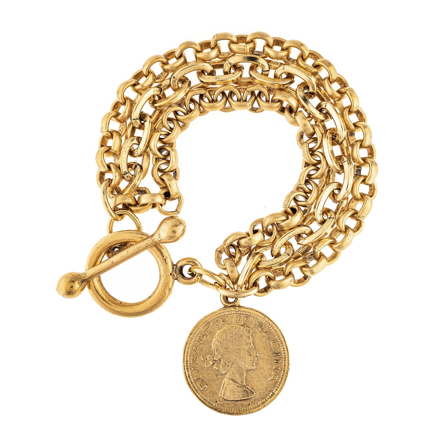 Gold chain bracelet with a coin charm on a white background