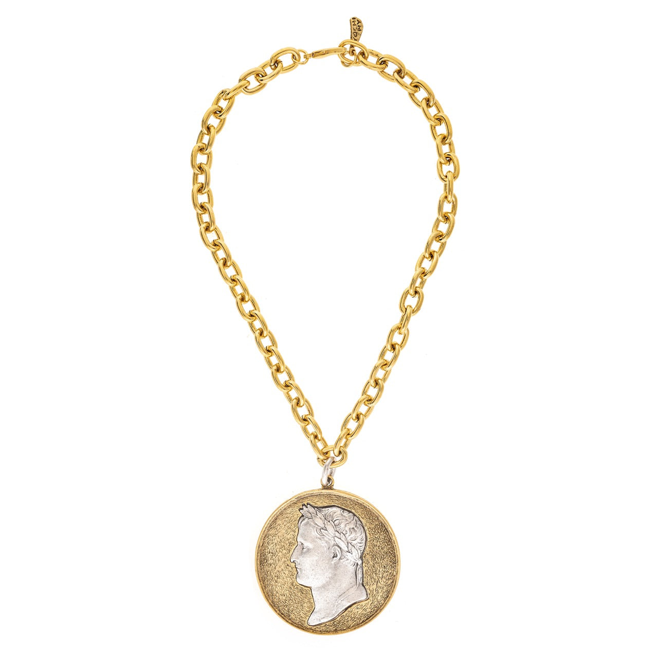 Gold chain necklace with a coin pendant featuring a profile on a white background