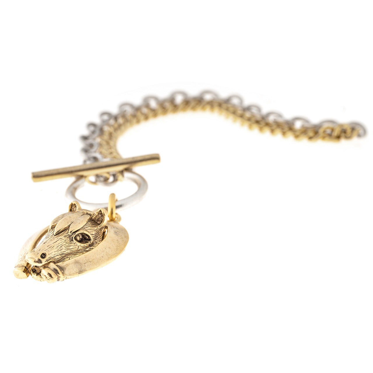 Gold necklace with a mouse head pendant on a white background