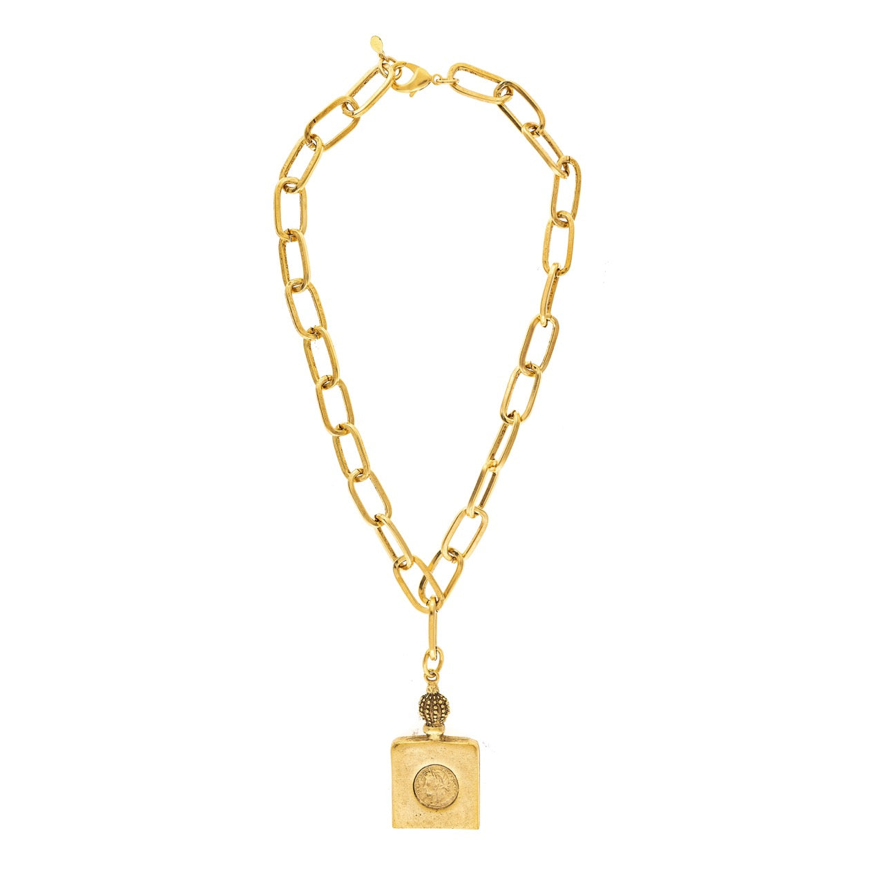 Gold chain necklace with a square pendant on a white background
