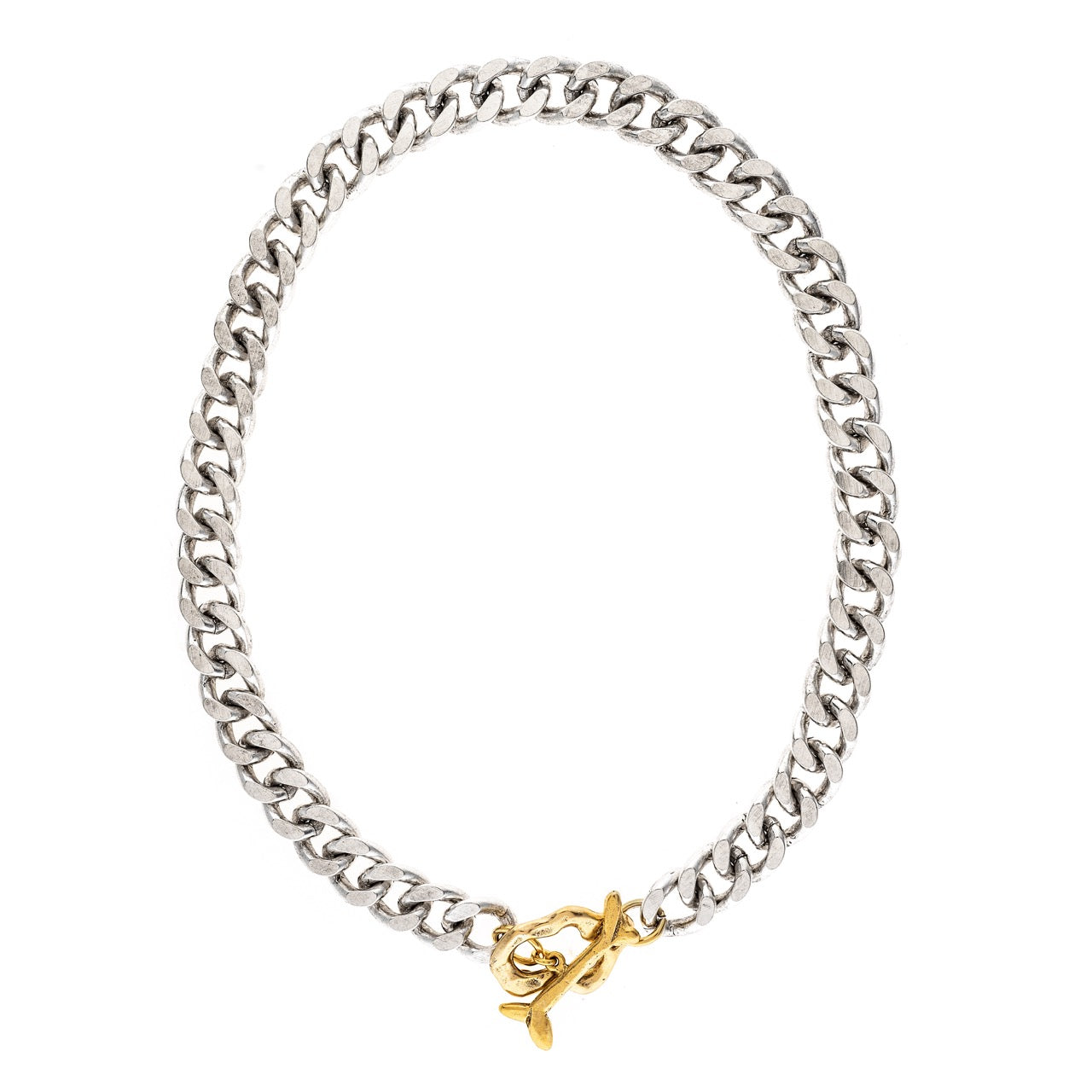 Silver chain bracelet with a gold clasp on a white background