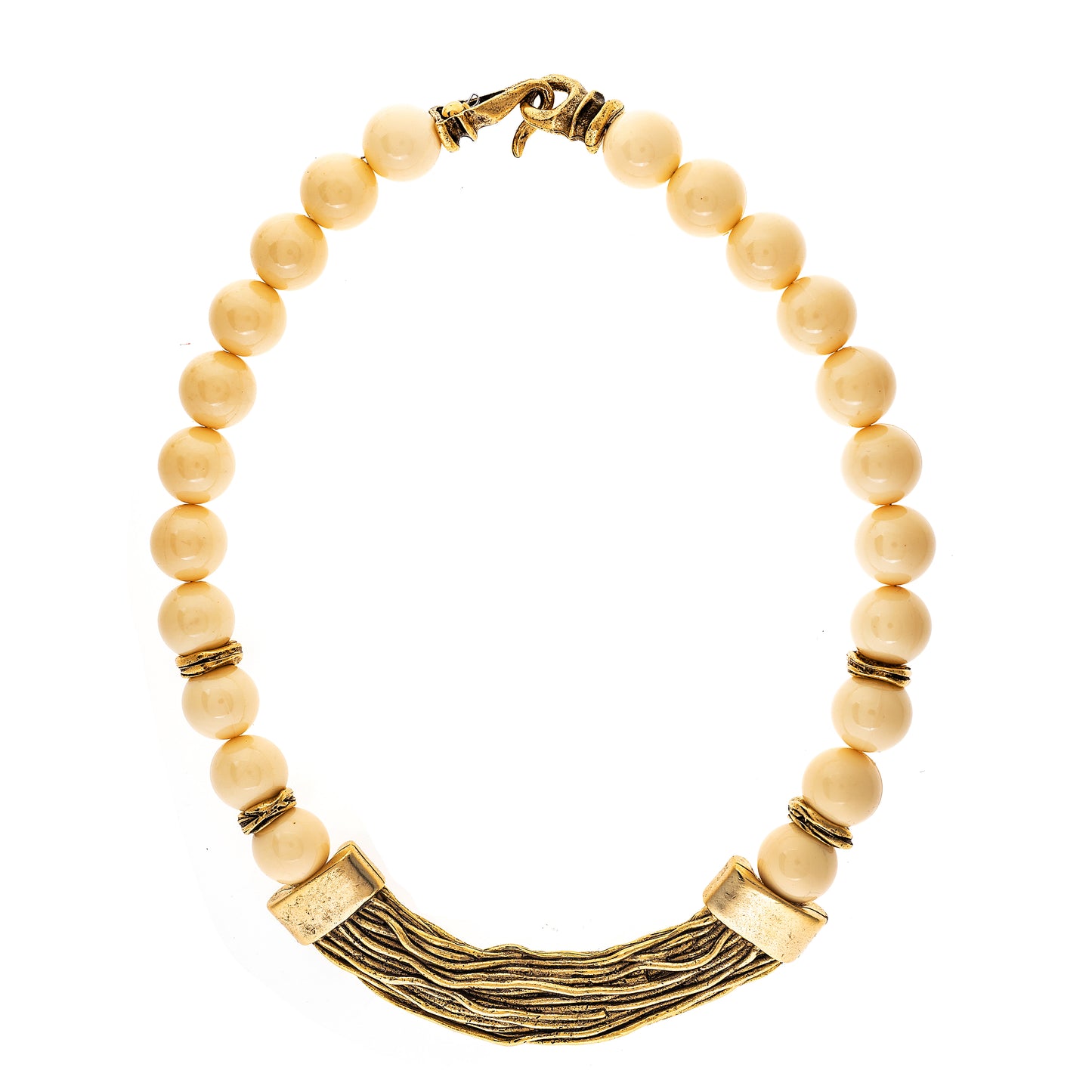 necklace with beige beads and gold accents on a white background