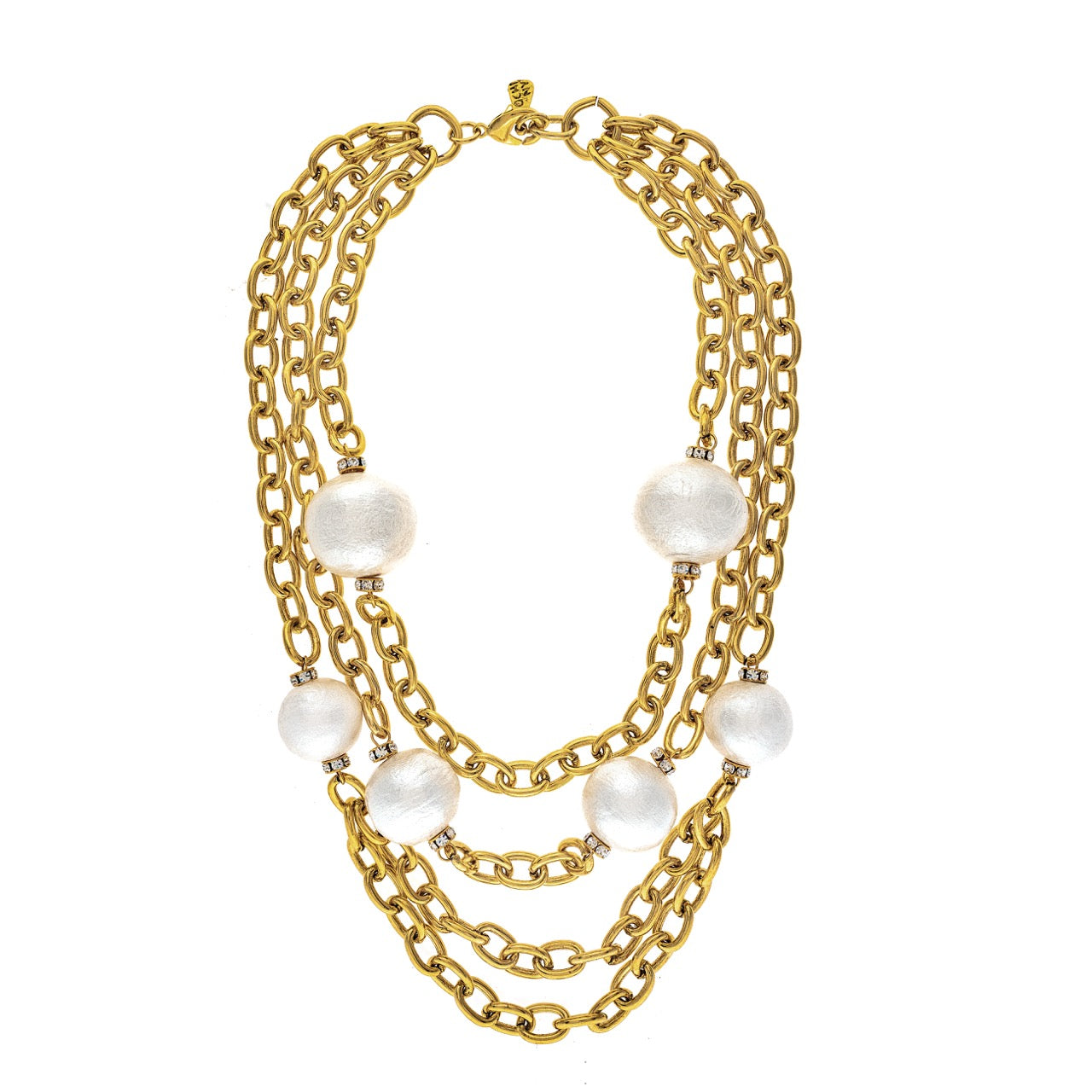 Gold chain necklace with pearls on a white background