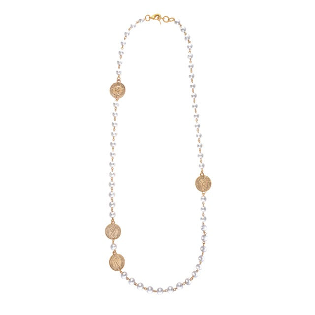 Necklace with gold and silver coins on a white background