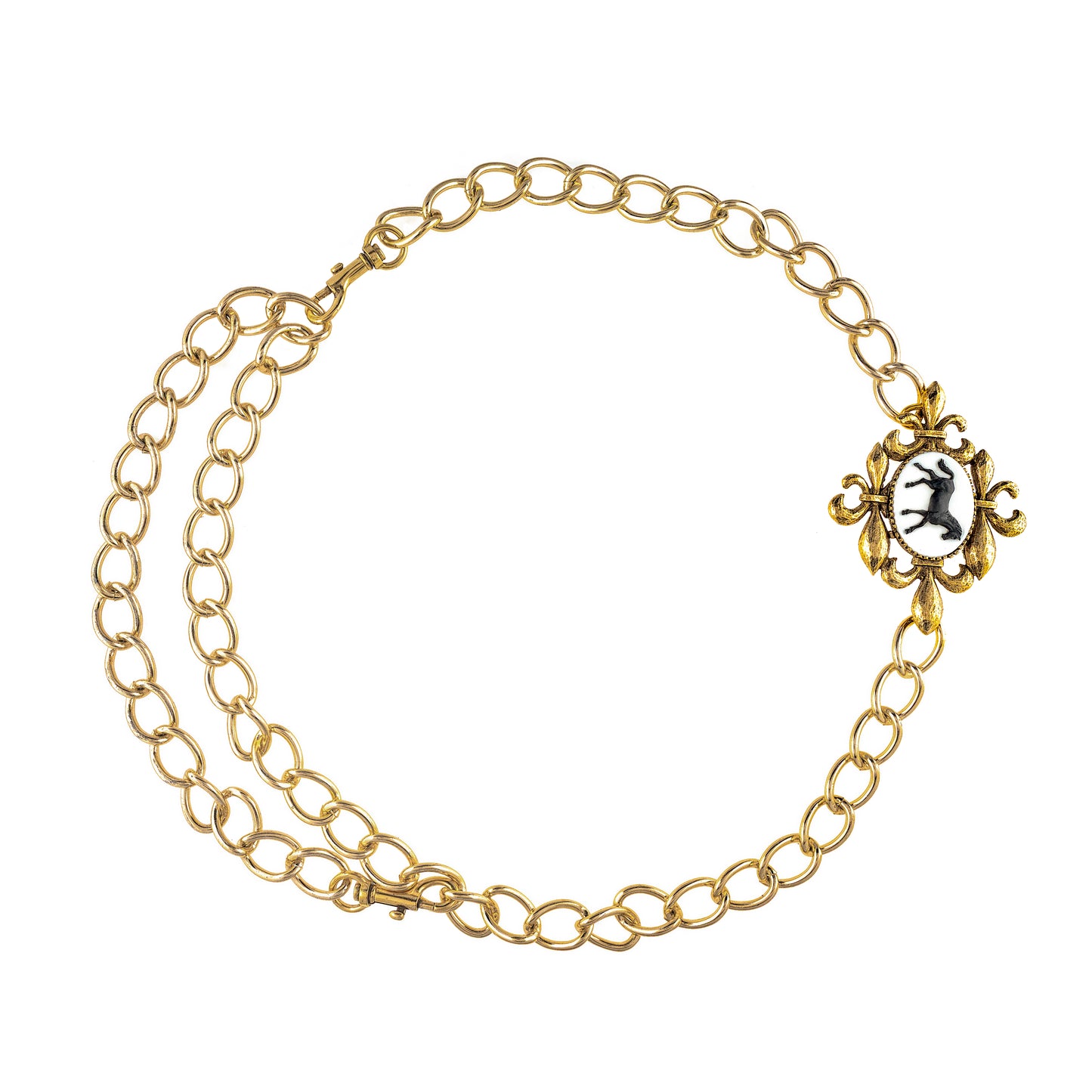 Gold chain Belt with a decorative clasp on a white background