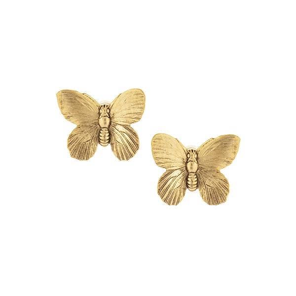 A pair of gold-colored butterfly stud earrings against a white background.