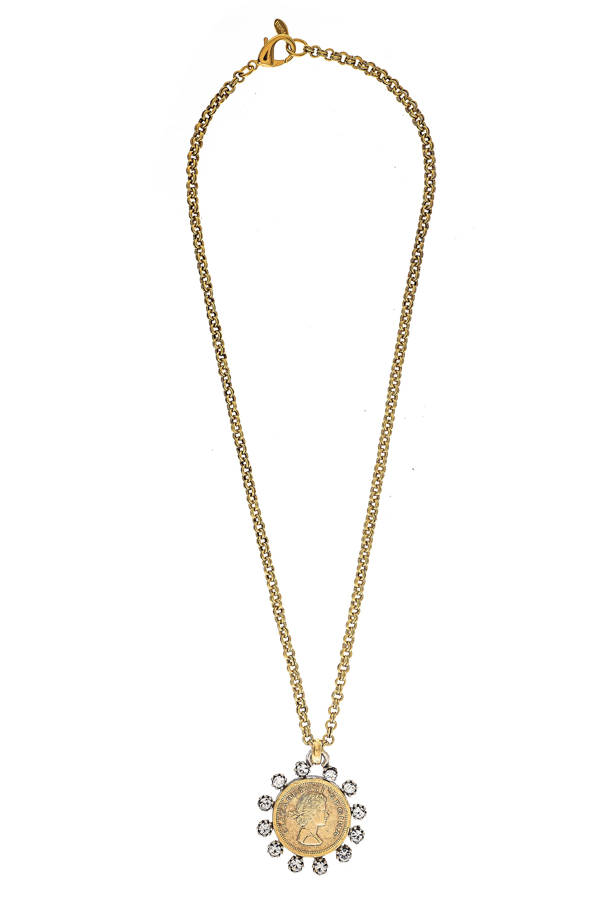 A gold-plated necklace with a round pendant featuring a crystal coin surrounded by smaller clear crystals, on a white background.