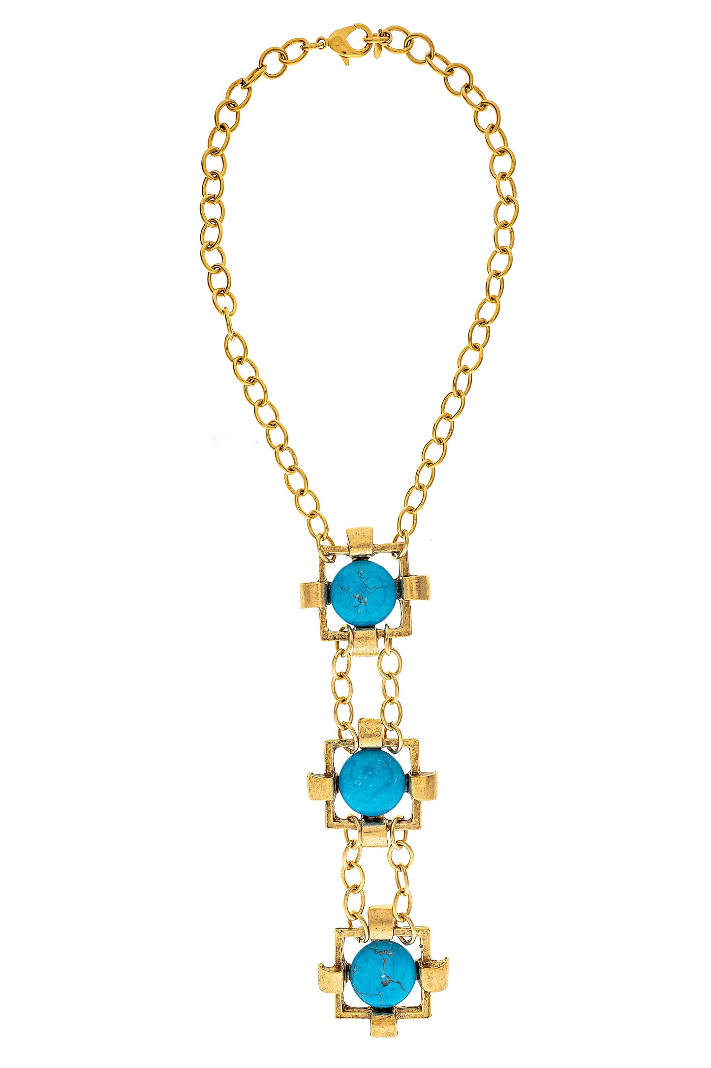 A gold-plated brass necklace with blue stones, featuring a chain link and three square drops with blue inserts.