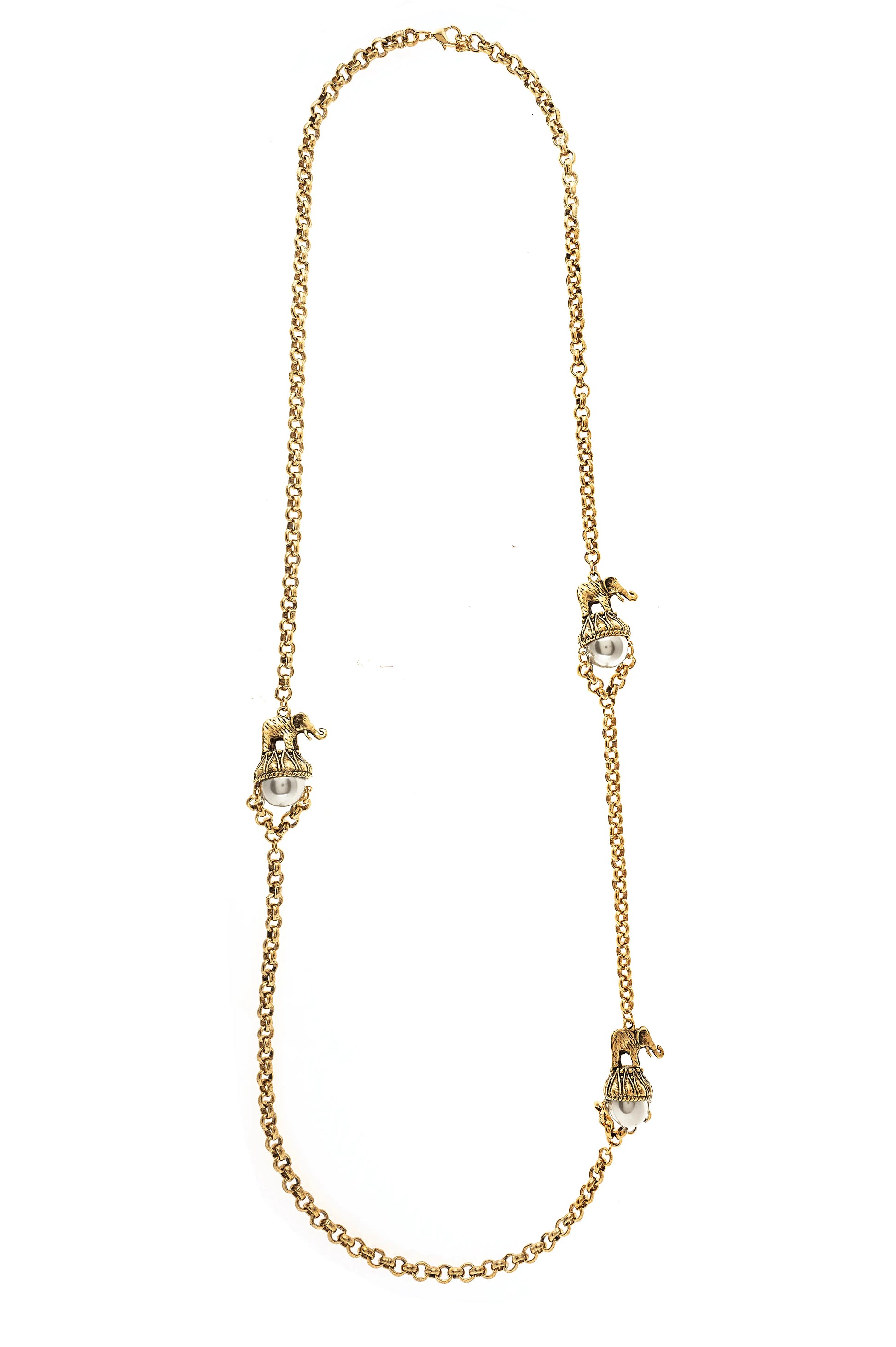 A gold-colored necklace with elephant-shaped pendants hanging from a glass pearl, displayed against a white background.