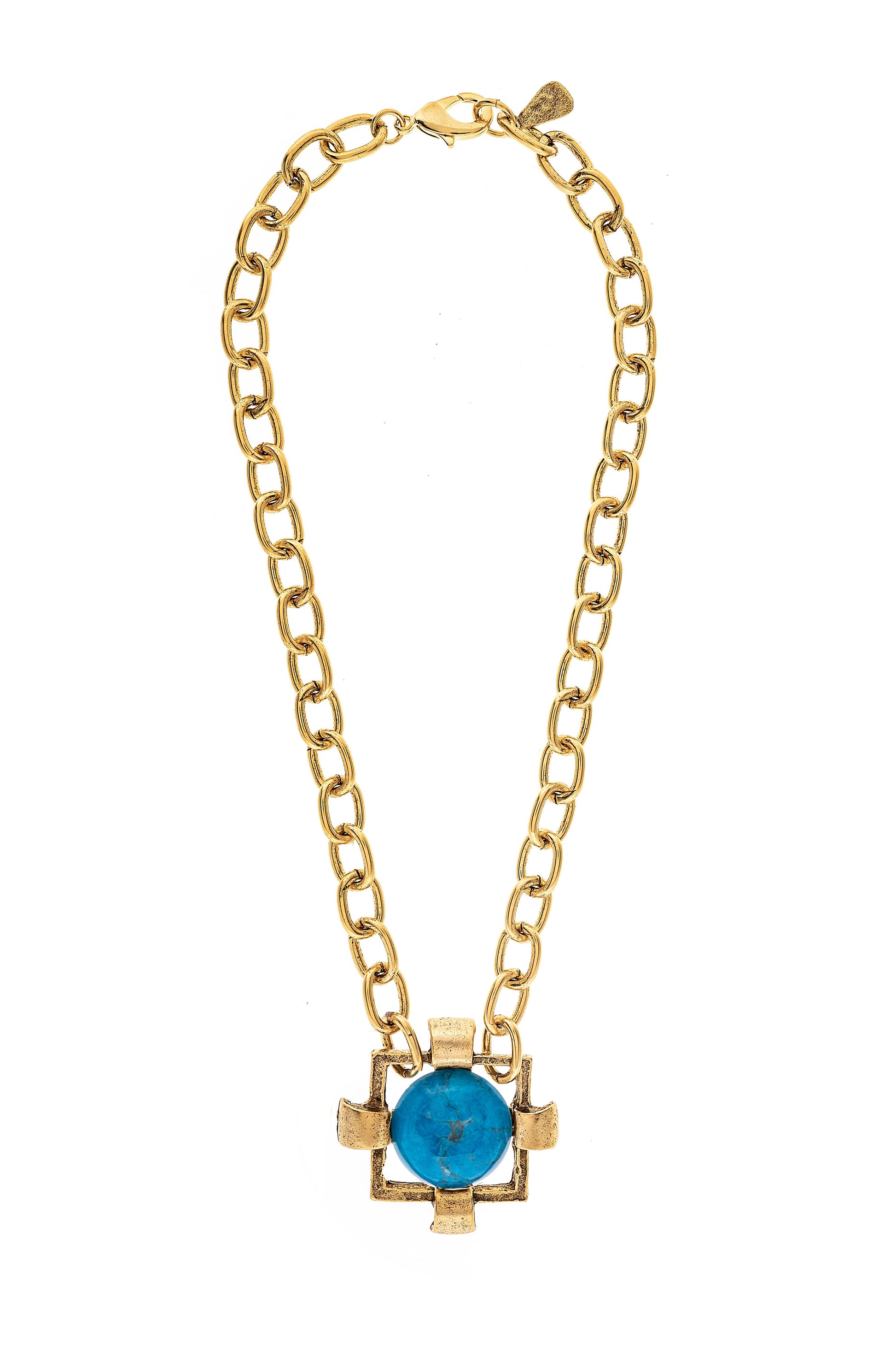 A gold-plated necklace with a square-shaped pendant at the center, attached to a gold chain.