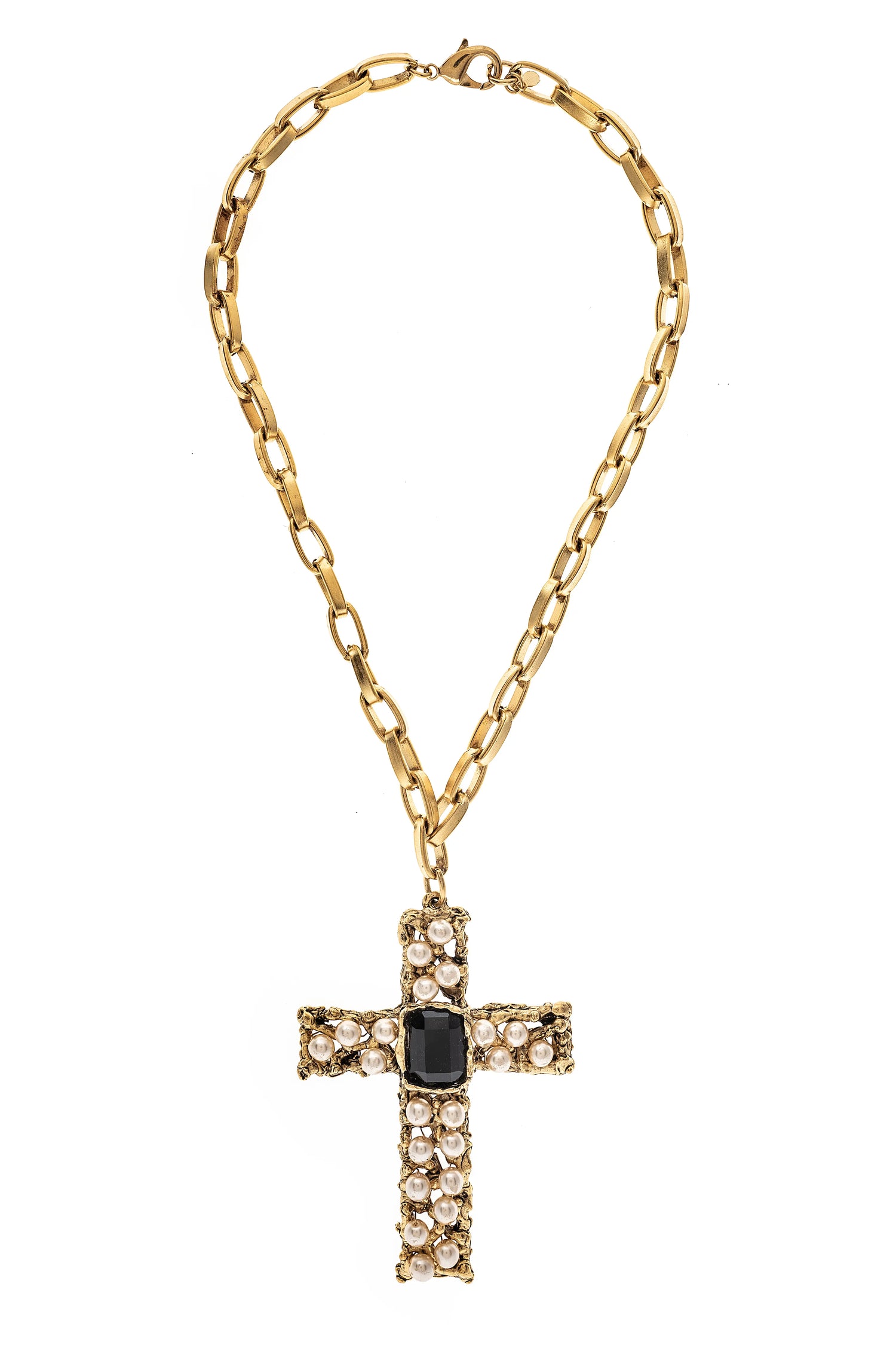 A gold-plated brass necklace with a black sapphire stone and glass pearl details, featuring a cross pendant.