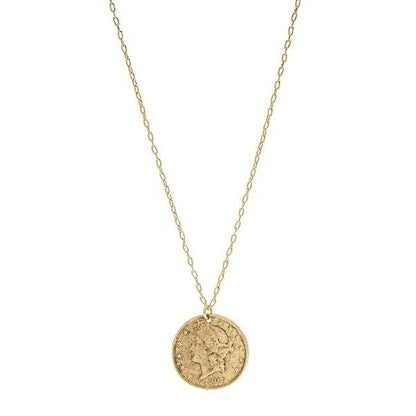 A vintage-inspired gold-colored Roman coin necklace on a chain.