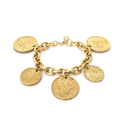 A gold-colored bracelet featuring multiple vintage inspired Roman coin charms linked together.