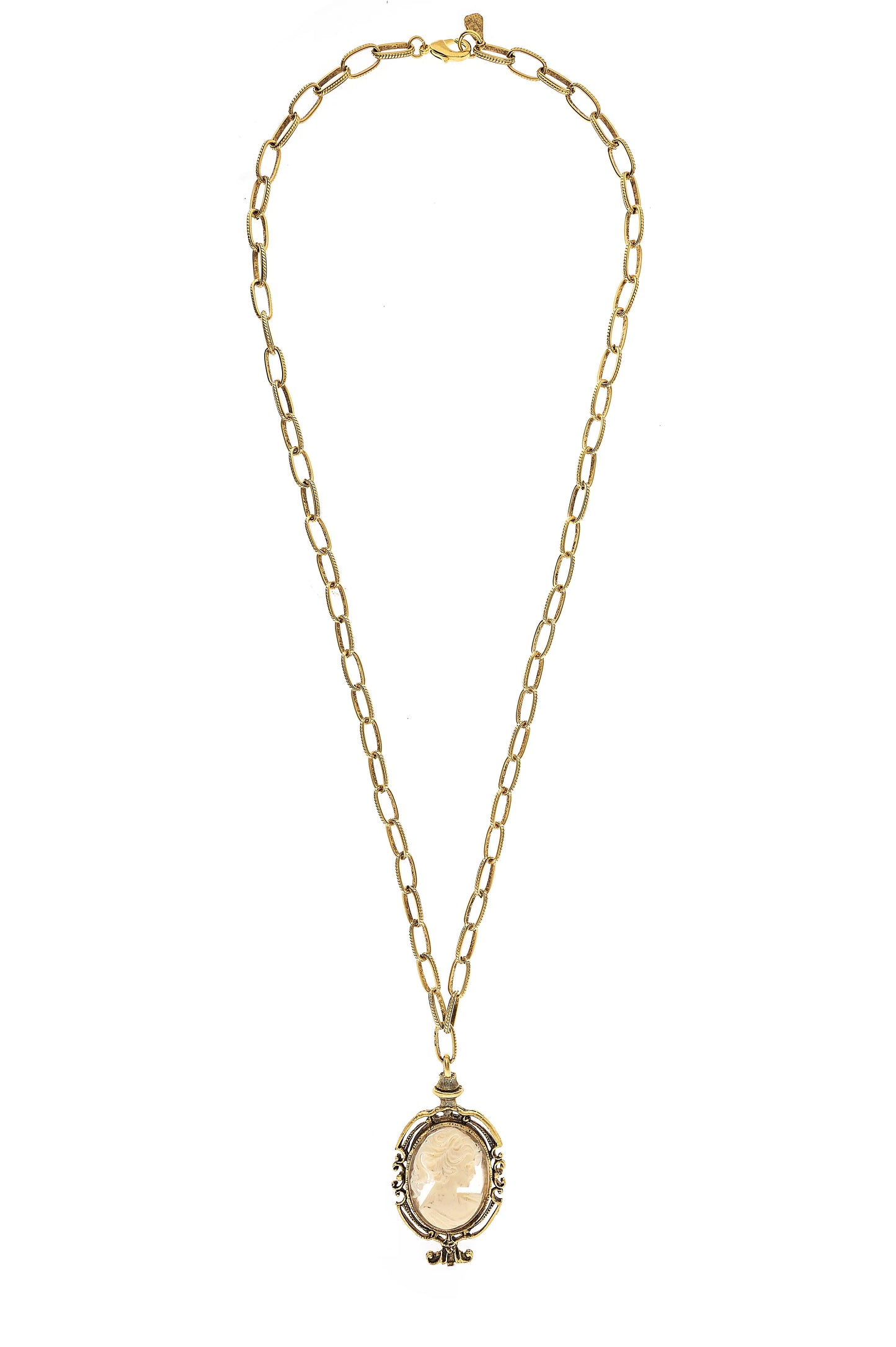 A gold-colored necklace with a small, oval-shaped pendant.