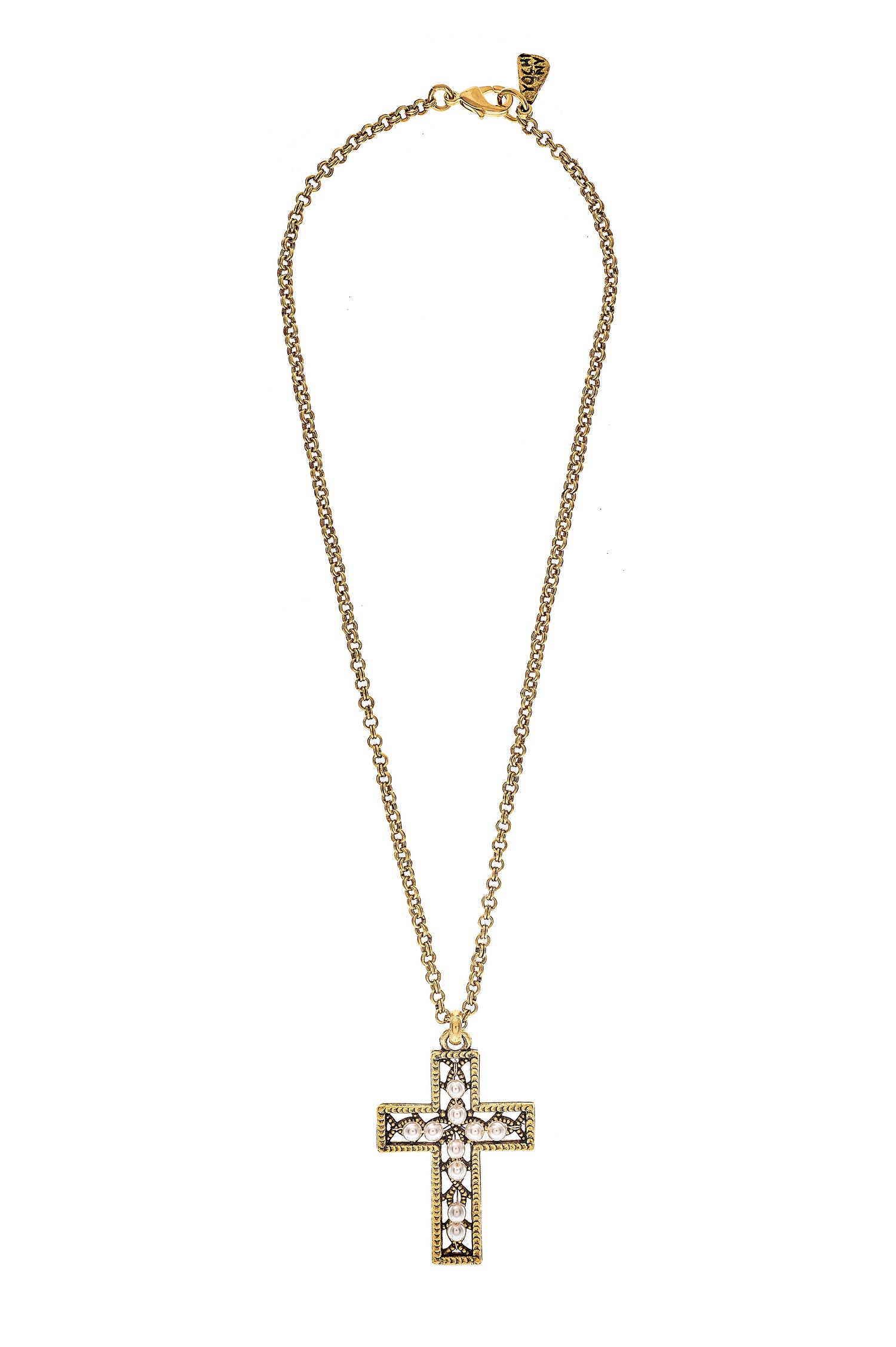 A gold-colored chain necklace with a cross pendant adorned with glass pearls.