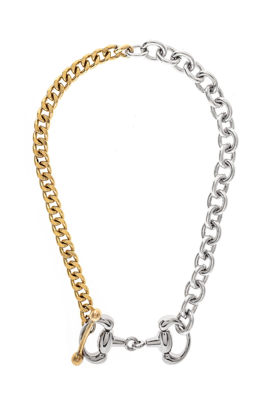 A two-tone necklace with one half gold-colored and one half silver-colored.
