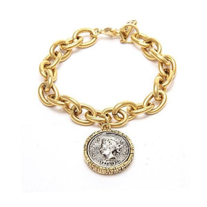 A two-tone vintage inspired Roman coin bracelet with a gold chain and a coin pendant in the center, hand crafted in New York.