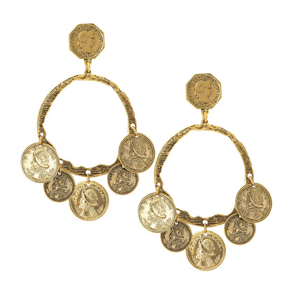 Gold hoop earrings with coin charms on a white background