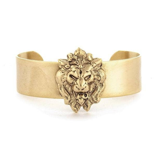 A medium cuff bracelet with a sculptured lion face design,Antique gold plated over brass.