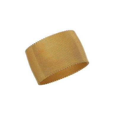 A gold-colored large mesh bracelet with a flexible design, made from gold-plated brass.