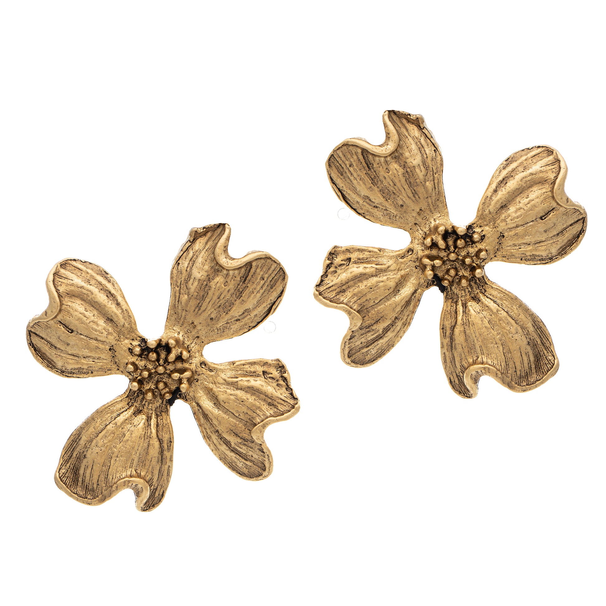 Pair of gold flower-shaped earrings on a white background