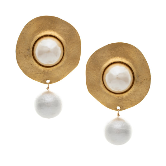 Gold earrings with pearl-like beads on a white background