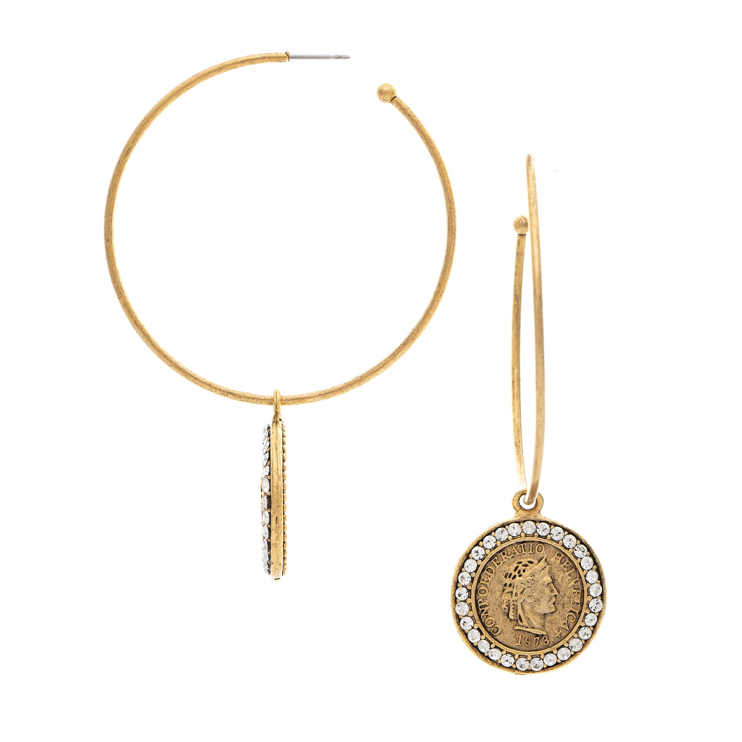 Gold hoop earrings with coin and gemstone pendants on a white background
