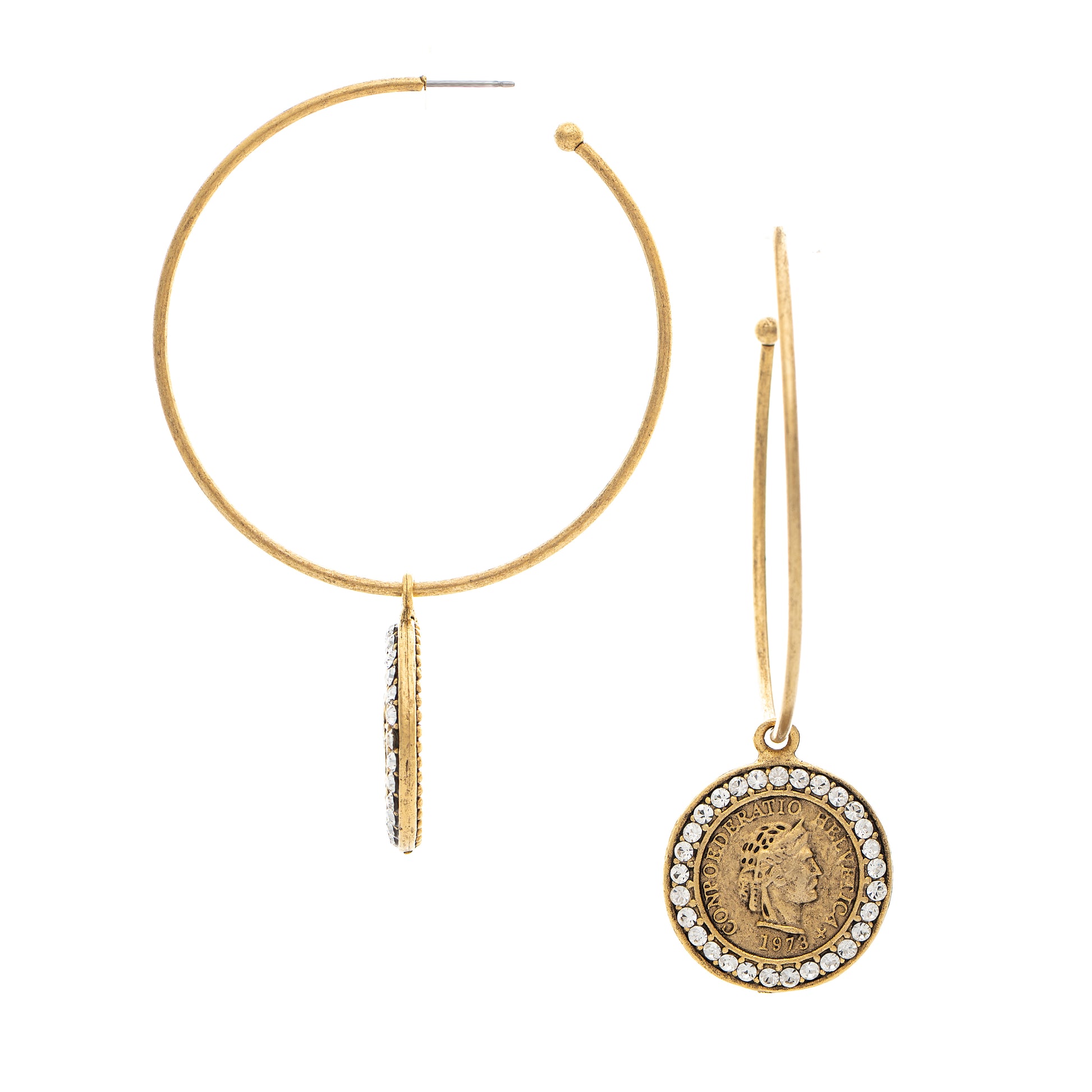 Gold hoop earrings with coin and gemstone pendants on a white background