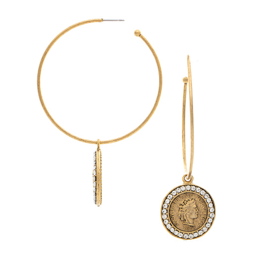 Gold hoop earrings with coin and gemstone pendants on a white background